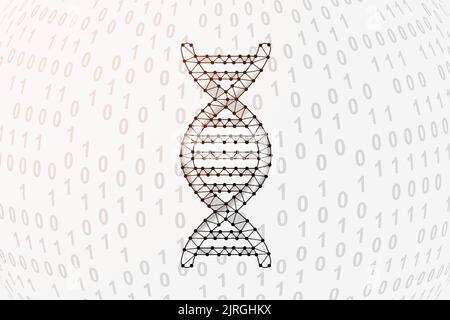 DNA Spiral 3D basso simbolo poli con sfondo binario. Illustrazione vettoriale del disegno scientifico. Simbolo poligonale dell'elica genetica con punti collegati Illustrazione Vettoriale
