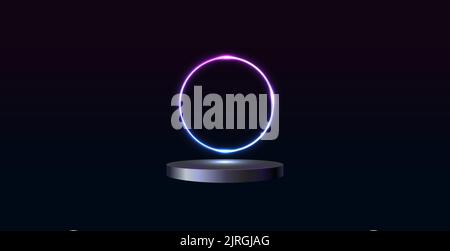 Podio vuoto con anello al neon in pendenza sullo sfondo. 3d render. i Illustrazione Vettoriale