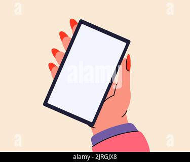 Donna che tiene in mano lo smartphone con schermo bianco. Telefono cartoon in mano. Smartphone con schermo vuoto. Illustrazione vettoriale Illustrazione Vettoriale