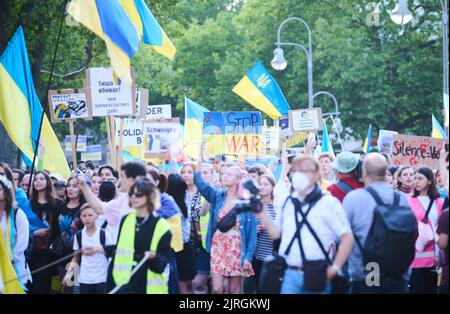 Berlino, Germania. 24th ago, 2022. 'Stop War' è scritto su un cartello tenuto da un dimostratore alla marcia di protesta dell'associazione 'Vitsche' per la Giornata dell'Indipendenza dell'Ucraina e contro la guerra. Credit: Annette Riedl/dpa/Alamy Live News Foto Stock