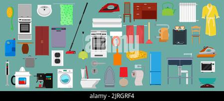 Set di icone per la casa e design di elettrodomestici. Macchina per uso domestico e illustrazione vettoriale di simboli domestici. Isolat. Riassetto appartamento Illustrazione Vettoriale