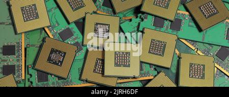 Primo piano su molte CPU di computer e moduli DIMM RAM DDR. Banner lungo Foto Stock