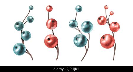 Bacche blu e rosse sui ramoscelli, inverno. Capodanno, Natale. Illustrazione acquerello. Oggetti isolati da una grande serie di INVERNO ACCOGLIENTE. Per decorazione Foto Stock