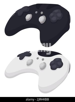 Controller per videogiochi isolati: Entrambi con joystick, pulsanti e D-pad, ma uno in bianco e l'altro in nero. Illustrazione Vettoriale
