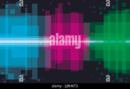 Sfondo nero con pixel che formano un'onda sonora colorata: Rosso, blu e verde. Illustrazione Vettoriale