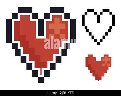 Visualizzazione di tre cuori in pixel art, con dimensioni diverse per i videogiochi retrò. Illustrazione Vettoriale