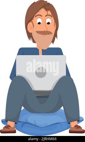 Uomo che lavora su un computer portatile e che si siede sul cuscino. Cartoon ragazzo felice con gadget Illustrazione Vettoriale