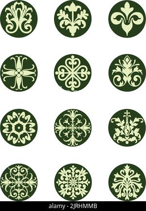 Una serie di icone floreali rotonde decorative vettoriali vintage. Illustrazione Vettoriale