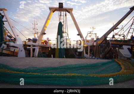 Termoli - Molise - in primo piano le reti da pesca si stendevano sul terreno da riparare e sullo sfondo le barche da pesca all'attracco Foto Stock