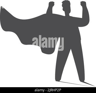 Silhouette nera supereroe. Uomo coraggioso con mantello ondeggiante isolato su sfondo bianco Illustrazione Vettoriale
