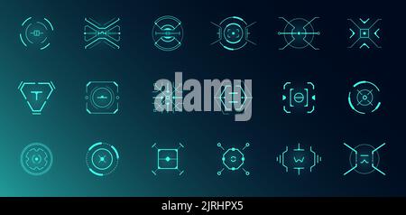 Sistema target di controllo puntamento HUD impostato. Interfaccia GUI e FUI. Collezione futuristica di puntamento ottico militare. Elementi radar digitali GUI. Punti di vista dell'intervallo di messa a fuoco del collimatore Mirino vettoriale dashboard digitale Illustrazione Vettoriale