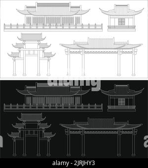 Grafica vettoriale modificabile a strati di edifici in stile tradizionale cinese tra cui case, padiglioni, arcate. Illustrazione Vettoriale