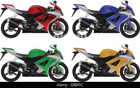 Rappresentazione vettoriale modificabile a strati di motivi realistici per motociclette in diversi colori. Illustrazione Vettoriale