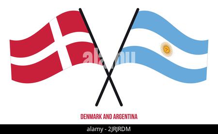 Danimarca e Argentina Bandiere incrociate e ondeggianti stile piatto. Proporzione ufficiale. Colori corretti. Illustrazione Vettoriale