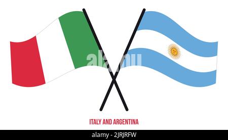 Italia e Argentina Bandiere attraversate e ondeggianti stile piatto. Proporzione ufficiale. Colori corretti. Illustrazione Vettoriale