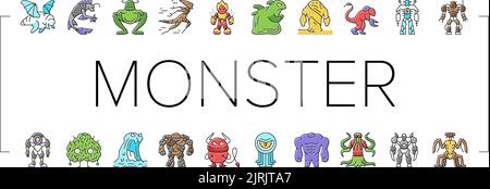 Monster spaventoso Fantasy personaggi icone Set vettore Illustrazione Vettoriale