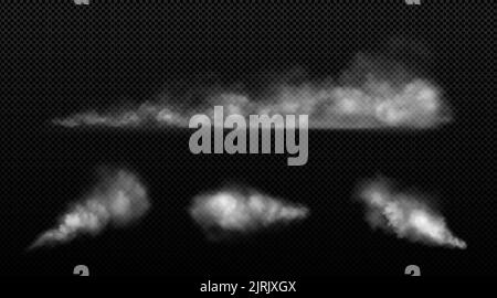 Polvere bianca, nuvole di fumo dalle ruote dell'auto isolate su sfondo trasparente. Set realistico vettoriale di polvere o nebbia spray, traccia aerosol, spruzzi di vapore soffiato Illustrazione Vettoriale