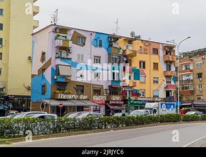 Renovated apartment buildings with colorful walls in central Tirana, Albania Stock Photo