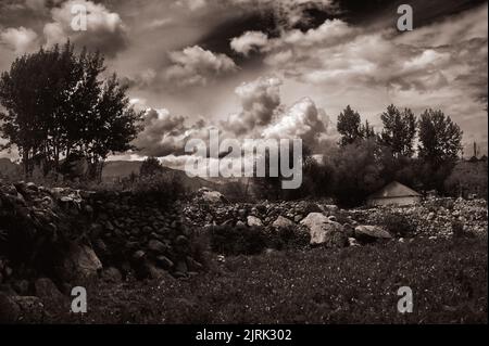 Paesaggio in montagna. Villaggio di montagna scenico fiancheggiato da campi, alberi alti cime himalayane nella valle di Spiti a Nako, Himachal Pradesh. Foto Stock