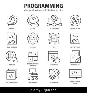 Icone delle linee di programmazione. Set di software, codice, web, sviluppo e altro ancora. Tratto modificabile. Illustrazione Vettoriale