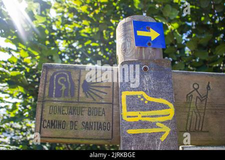 Simboli Camino de Santiago. Concetto di pellegrinaggio. Indicazioni stradali per Camino de Santiago, Spagna. Cammino spirituale. Frecce gialle su tavola di legno. Foto Stock