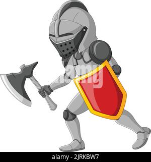 Cavaliere dei cartoni animati che regge un'ascia e uno scudo Illustrazione Vettoriale