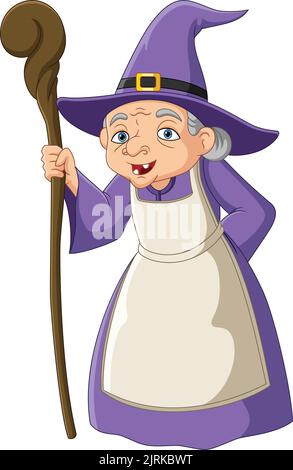 Cartoon vecchia strega che tiene il personale Illustrazione Vettoriale