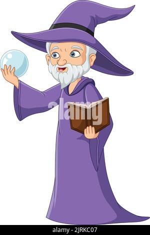 Cartoon vecchio mago con pietra di cristallo e libro magico Illustrazione Vettoriale