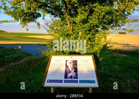 Pannello informativo con Harry Patch, l'ultimo soldato di combattimento sopravvissuto alla trincea della prima guerra mondiale, il cratere di Lochnagar, Somme, Francia Foto Stock