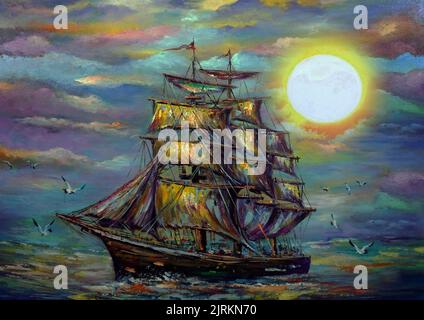 pittura a olio d'arte barca a vela , barque in mare dalla thailandia Foto Stock