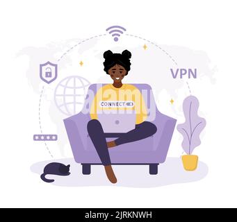 Servizio VPN. Donna africana che utilizza una rete privata virtuale. Informazioni personali e sicurezza dei dati. Sicurezza password. Protezione degli indirizzi IP e. Illustrazione Vettoriale