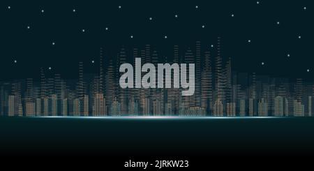 Città virtuale con edifici trasparenti e luci illustrazione vettoriale. Città del futuro o concetto futuristico metropoli. Sci fi città skyline Illustrazione Vettoriale