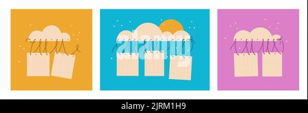 Un set di cartoline con fogli di carta vuoti appesi su una nuvola. Modelli per il vostro disegno, cartoline, manifesti, ecc Vector carino illustrazione piatta. Illustrazione Vettoriale