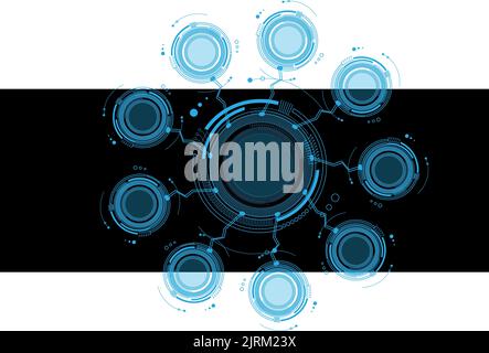 Palcoscenico o sala high tech con circuito di architettura digitale intorno. Magic Portal, ologramma, teleport circolare, gadget Sci-fi. Alta tecnologia Illustrazione Vettoriale