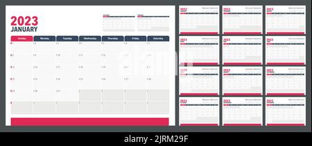 Calendar Planner 2023 in lingua inglese. Inizio settimana Domenica, modello Corporate Design Planner. Illustrazione Vettoriale