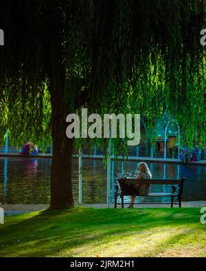 Una verticale di una femmina caucasica seduta su una panchina sotto un salice che si riflette sul lago in un parco Foto Stock