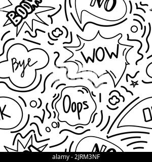 Un modello senza cuciture di bolle vocali con parole di dialogo disegnate a mano in stile doodle. Braccio, Oops, No, OK, Wow. Primo piano. Illustrazione vettoriale Illustrazione Vettoriale