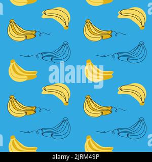 Motivo senza giunture vettoriale a mazzo di banane. Banane gialle su sfondo blu Illustrazione Vettoriale