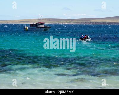 Barca con partenza da Faray, Orkney, isole, Scozia Foto Stock