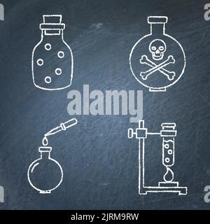 Chemistry science icon set on chalkboard. Chemical lab equipment for experiments. Vector illustration. Illustrazione Vettoriale