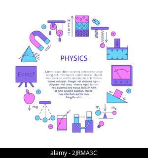 Poster rotondo della scienza della fisica in stile linea colorata con spazio per il testo. Illustrazione vettoriale Illustrazione Vettoriale