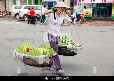 Venditore di strada che vende frutta e verdura da pannieri, Hai Phong, Vietnam Foto Stock