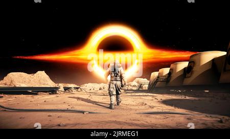 The Astronaut in Space Suit Walking on Mars Planet towards Black Hole. Space Station and Mars Rover Stock Photo