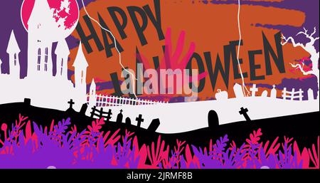 Immagine di felice testo halloween con cimitero infestato, mano zombie e fulmini, in viola Foto Stock