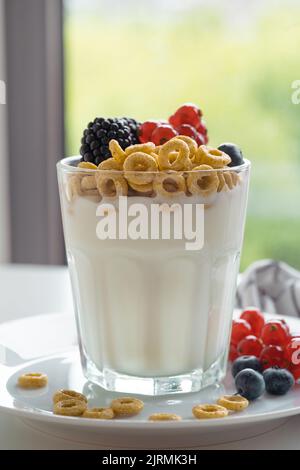 Yogurt, cereali d'avena per la colazione e frutti freschi d'estate in bicchiere su un tavolo bianco. Ribes rossi, mirtilli, more su piatto bianco, Foto Stock