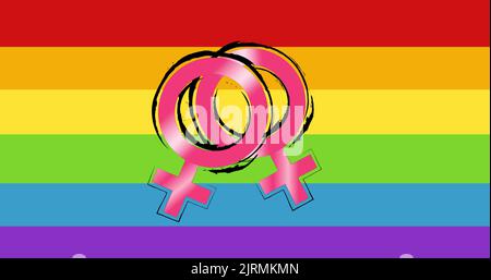 Immagine generata digitalmente dei simboli di sesso femminile rosa sulla bandiera arcobaleno Foto Stock