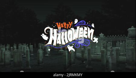 Immagine digitale composita di fantasmi vettoriali con felice testo halloween in cimitero di notte Foto Stock