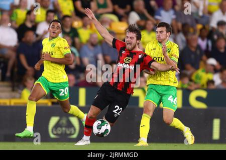 Liam Gibbs di Norwich City fouls ben Pearson di AFC Bournemouth - Norwich City contro AFC Bournemouth, Carabao Cup, Carrow Road, Norwich, Regno Unito - 23rd agosto 2022 solo per uso editoriale - si applicano le restrizioni DataCo Foto Stock