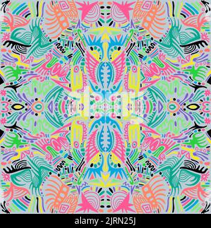 Modello astratto psichedelico simmetrico hippie mottley trippy con molti ornamenti intricati, texture di colore multicolore al neon brillante. Illustrazione Vettoriale