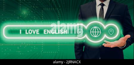 Didascalia concettuale i Love English. Panoramica aziendale per avere affetto per la lingua internazionale Grammar Foto Stock